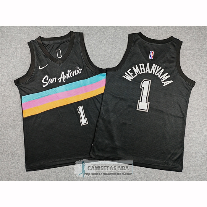 Camiseta Nino San Antonio Spurs Victor Wembanyama NO 1 Ciudad 2025-26 Negro